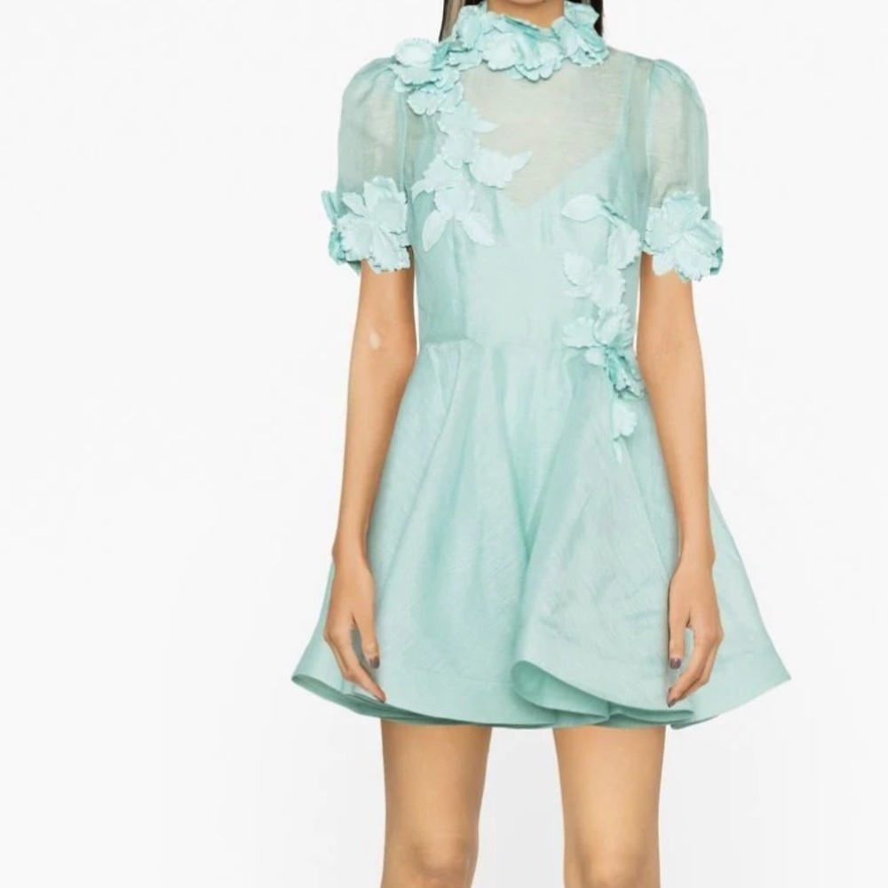 Zimmermann High Tide Appliquéd Linen And Silk-blend Mini Flare Dress, size Med